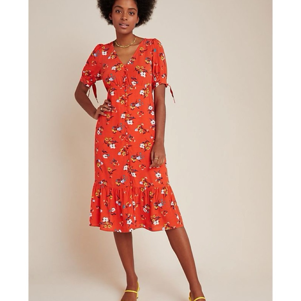 Anthropologie Maeve Eudora Midi Dress Button Front Floral Bohemian Cottagecore